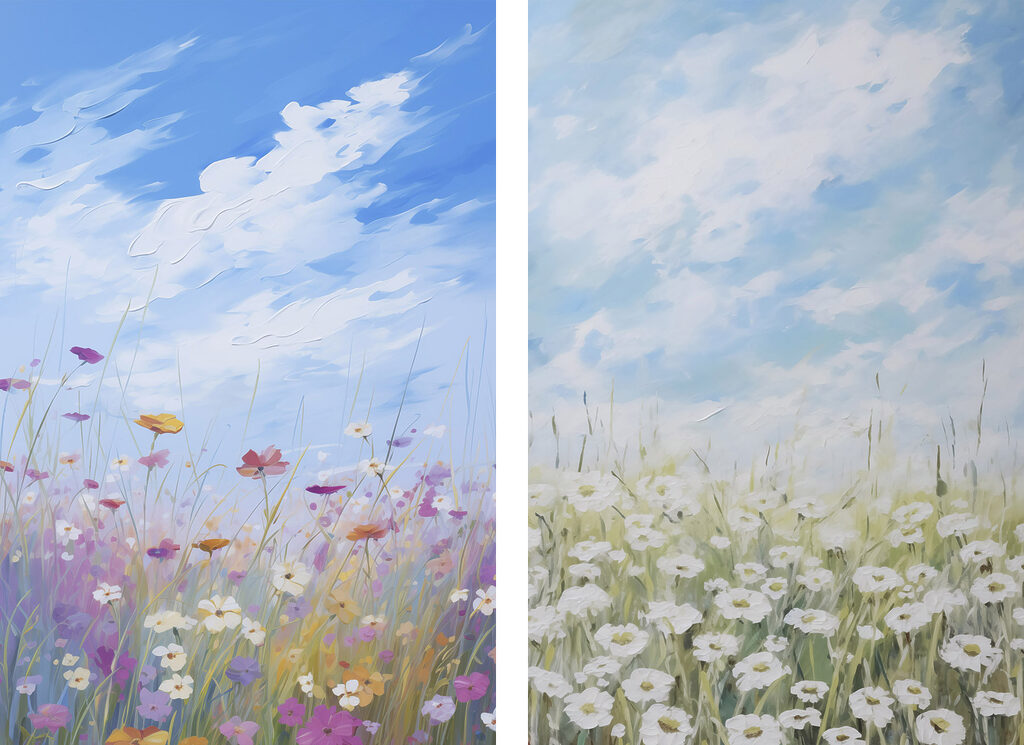 Schilderij van bloemen en gras — volledig ontwerp