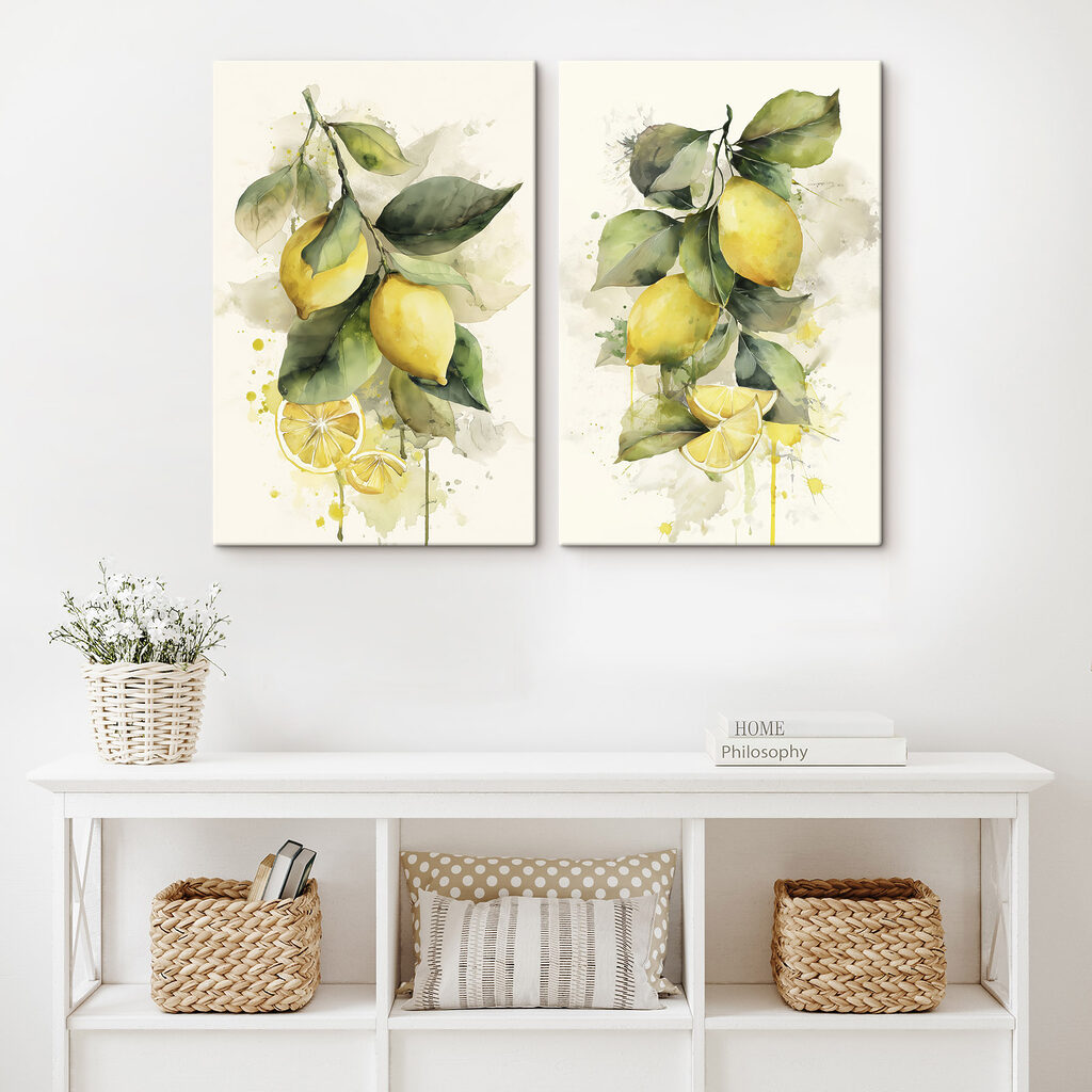 Schilderij van citroenen aan een tak in een interieur