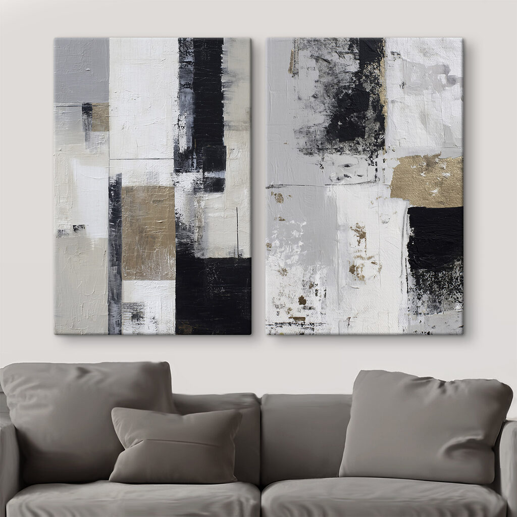 Schilderij met zwarte en witte vierkanten in een interieur