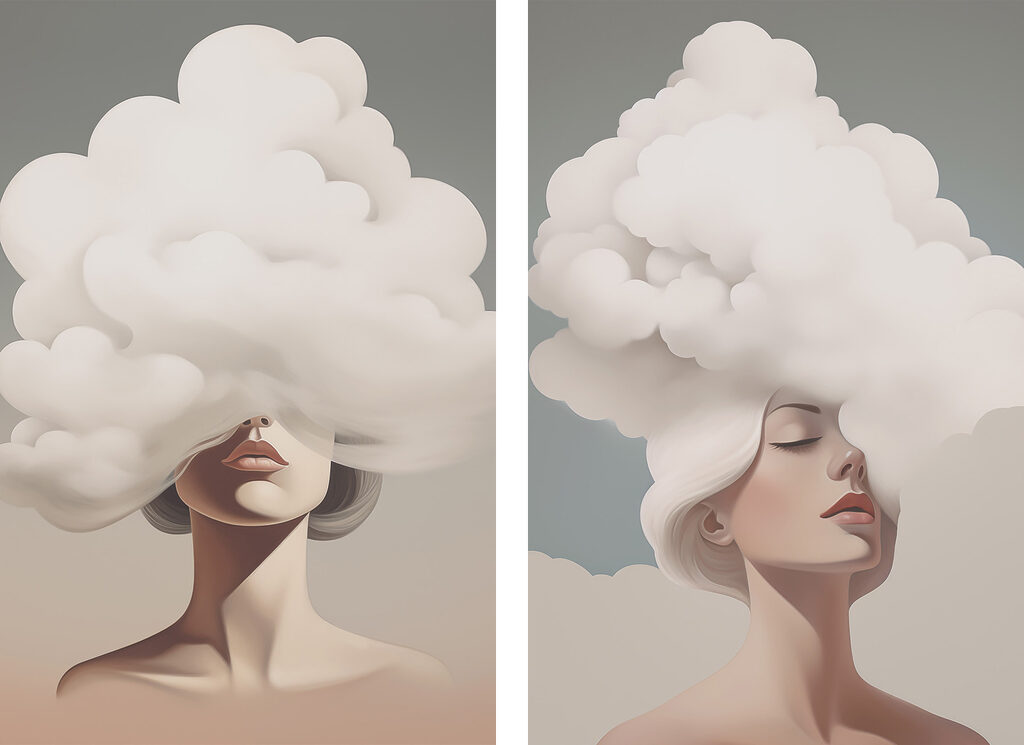 Vrouw met wit haar en wolken op haar hoofd — volledig ontwerp