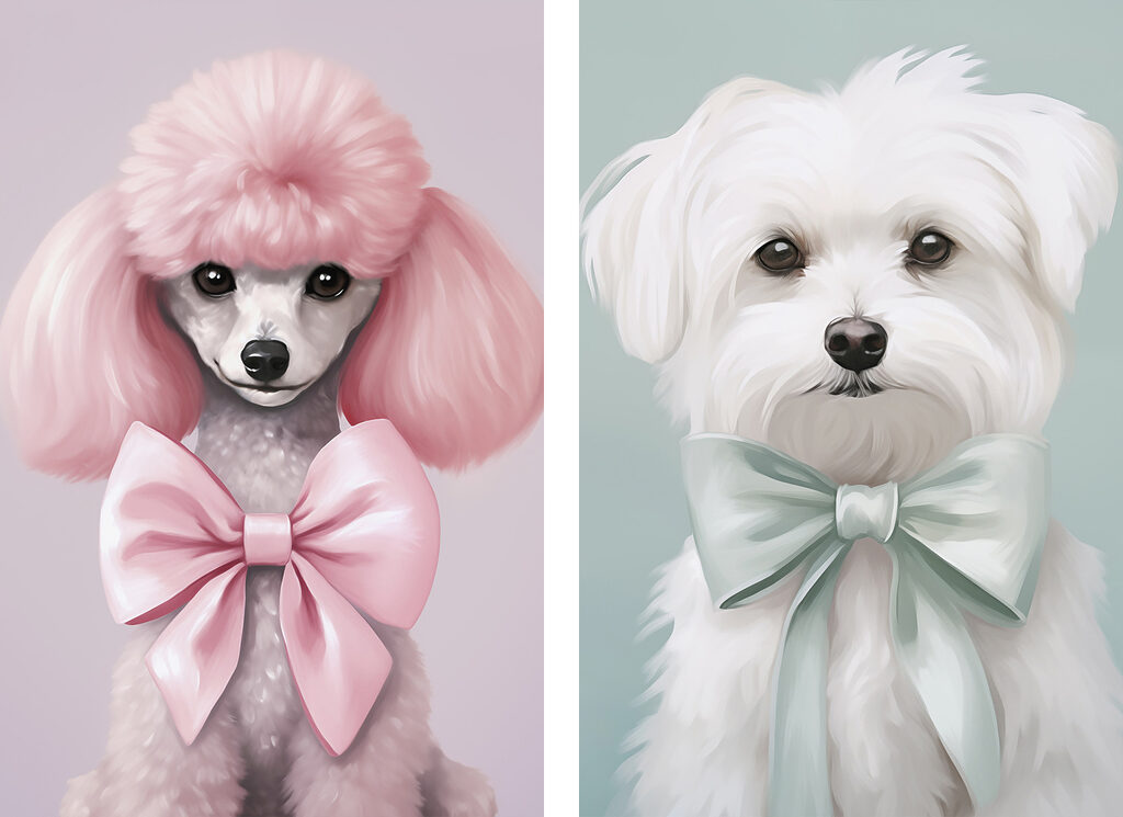Hond met roze haar en een strikje — volledig ontwerp