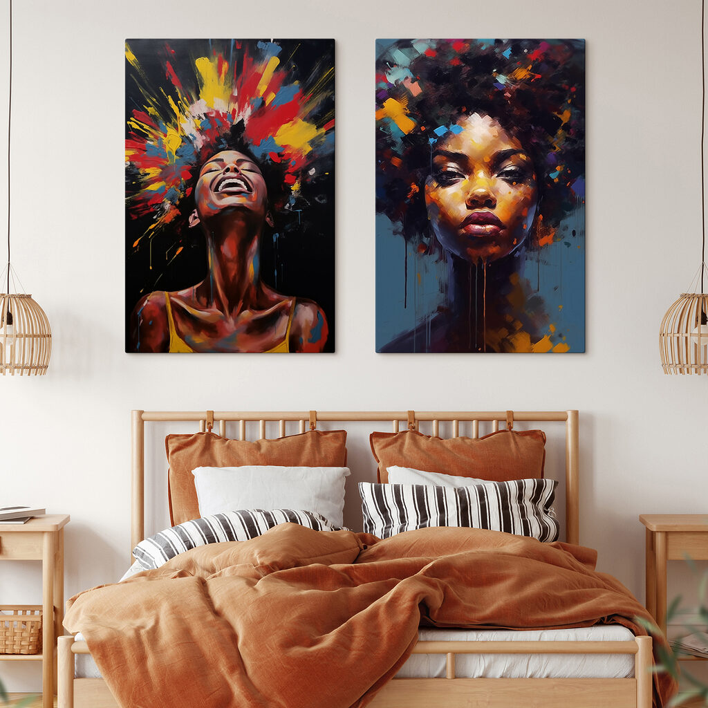 Collage van een vrouw met kleurrijke verf op haar gezicht — interieur 1