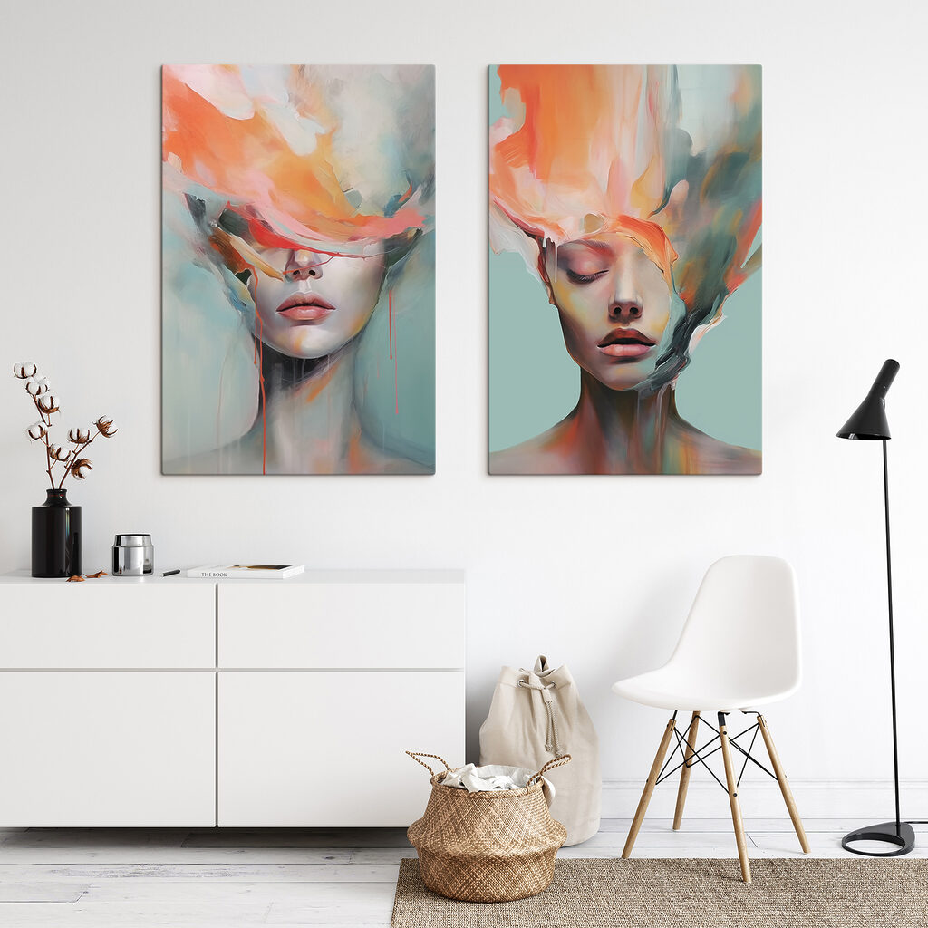 Collage van het gezicht van een vrouw en een schilderij in een interieur