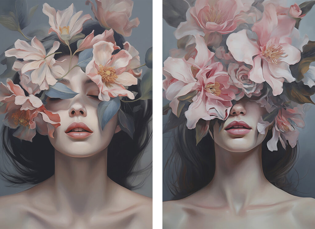 Vrouw met bloemen op haar gezicht — volledig ontwerp