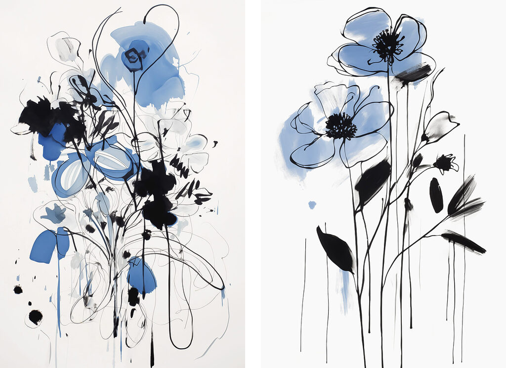 Schilderij van bloemen met zwarte en blauwe verf — volledig ontwerp