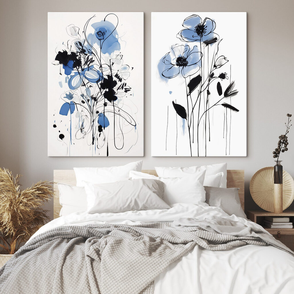 Schilderij van bloemen met zwarte en blauwe verf — interieur 1