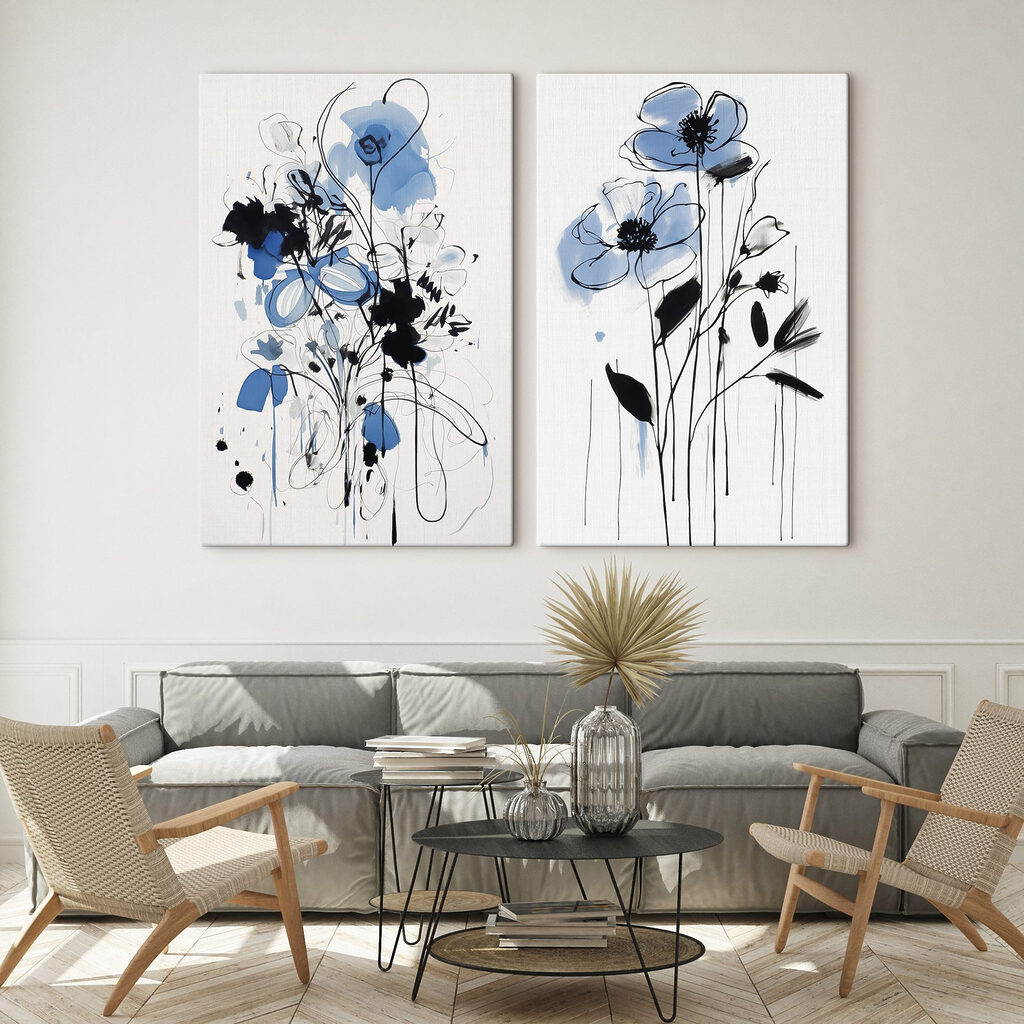 Schilderij van bloemen met zwarte en blauwe verf — interieur 2
