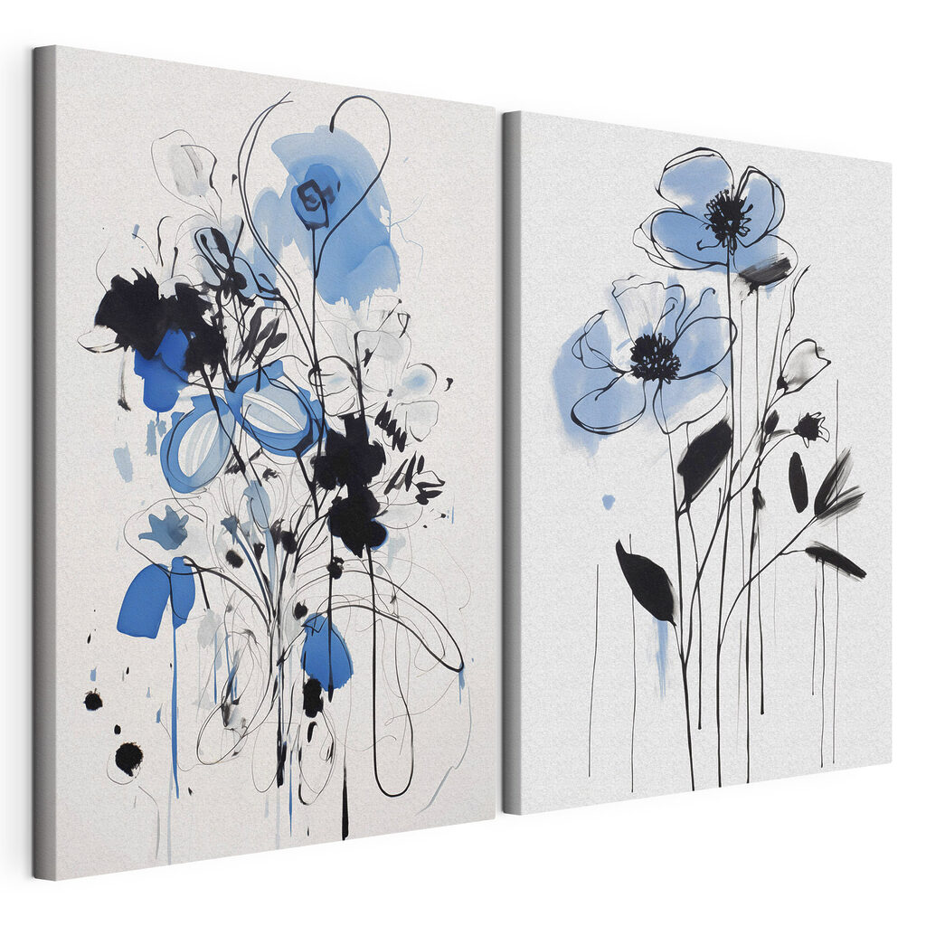 Schilderij van bloemen met zwarte en blauwe verf — productweergave