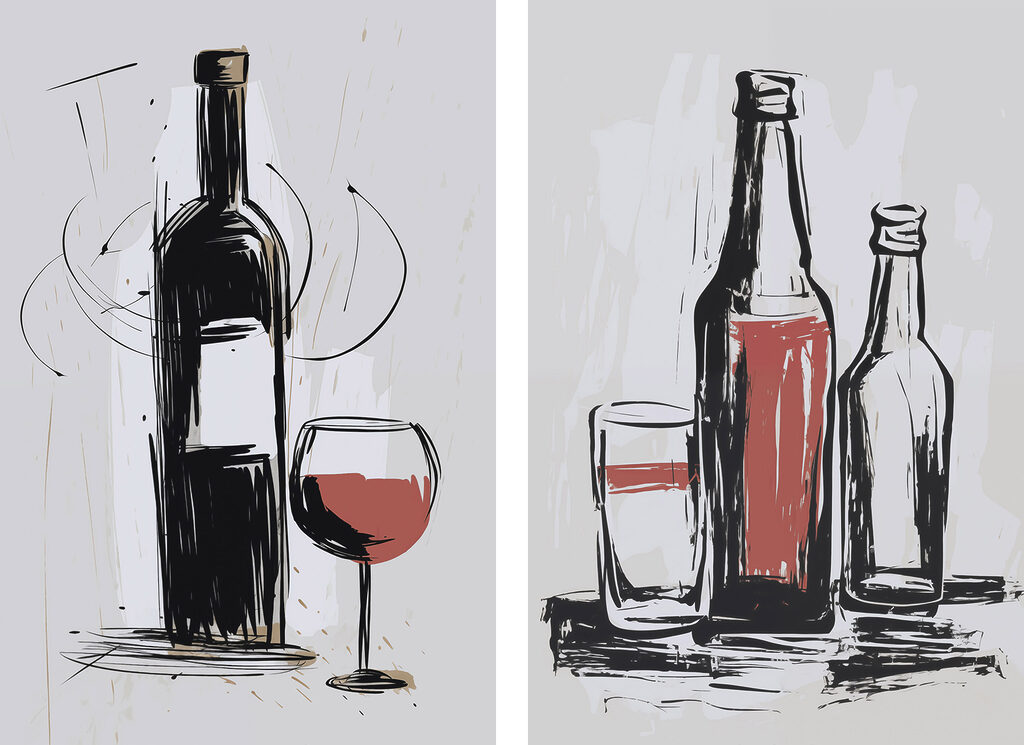 Kunstzinnige weerspiegelingen van drankflessen — volledig ontwerp