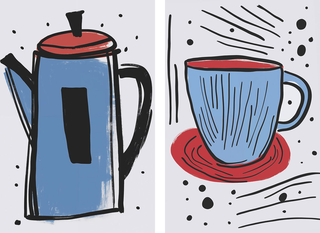 Tekening van een koffiepot en een kopje — volledig ontwerp