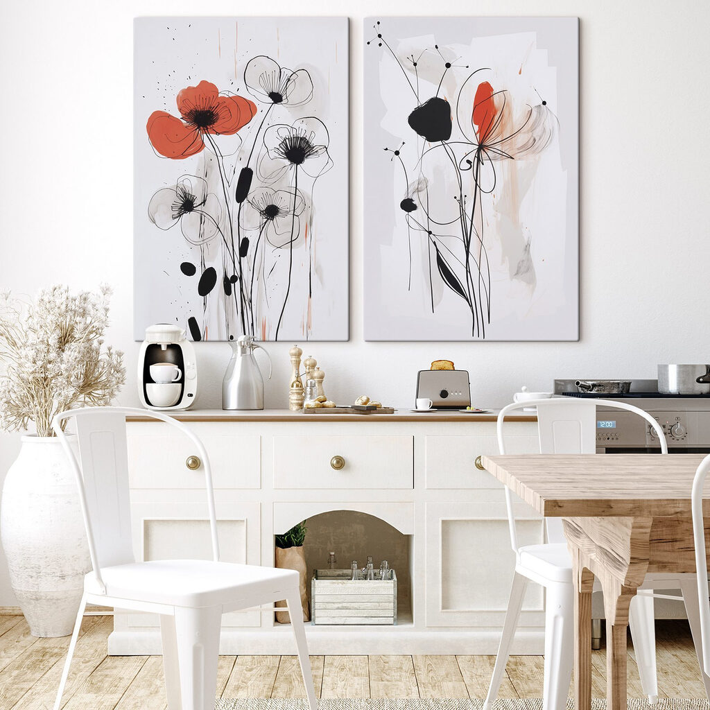 Schilderij van bloemen op een witte ondergrond in een interieur