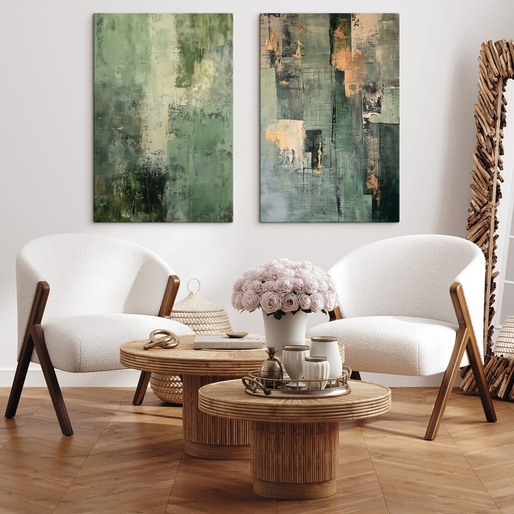 - Groene tinten en abstracte vormen in een interieur