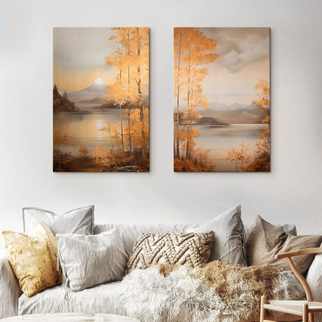 Schilderij van een berg en een meer in een interieur