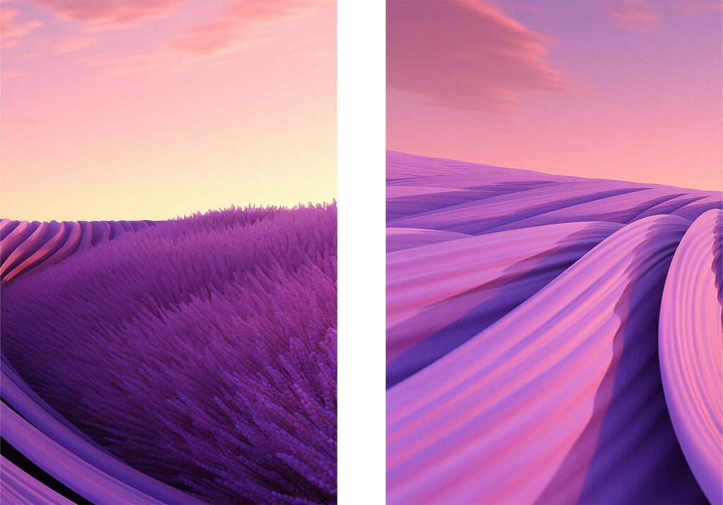 Lavendelveld met een roze en paarse lucht — volledig ontwerp