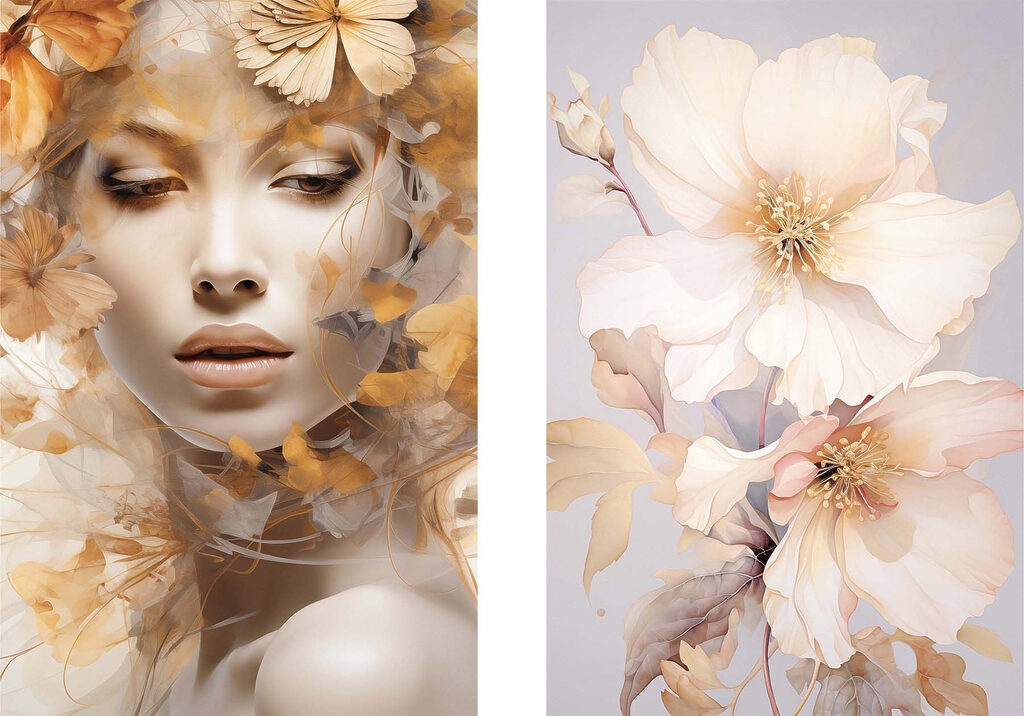 Vrouw met bloemen en een etalagepop — volledig ontwerp