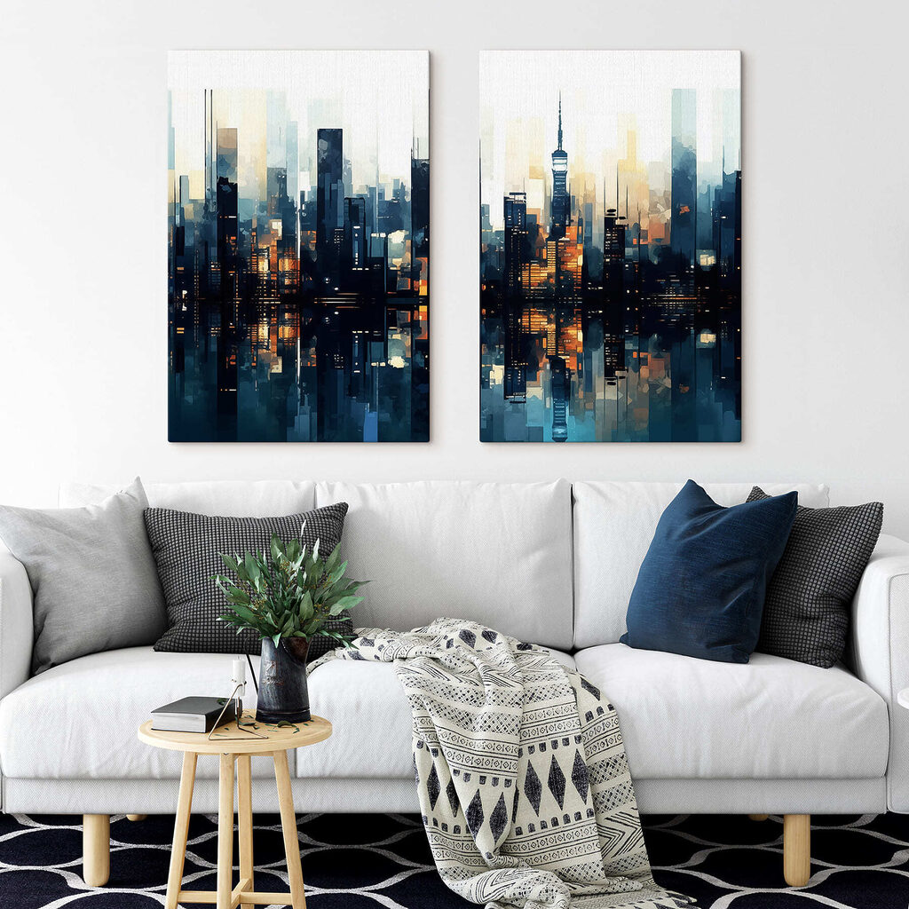 Stadsgezicht met een weerspiegeling in het water in een interieur