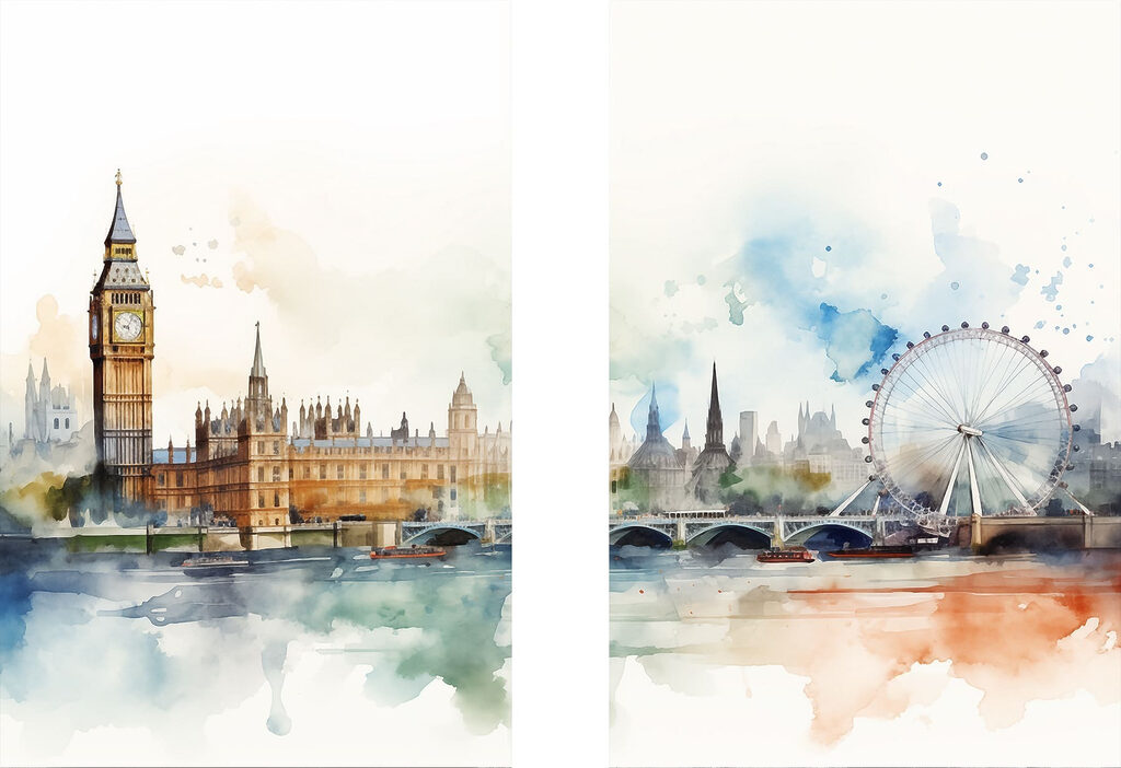 Aquarel van een stad en een reuzenrad — volledig ontwerp