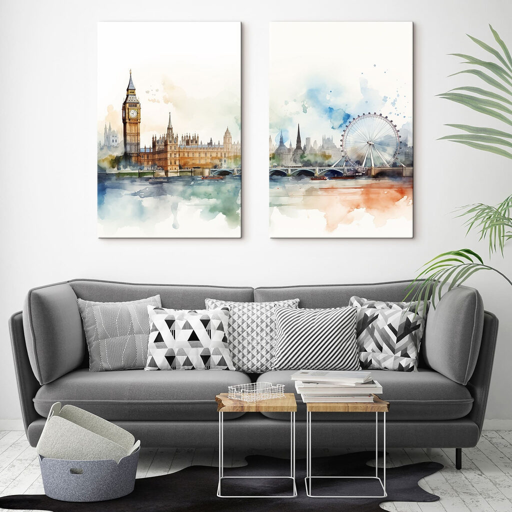 Aquarel van een stad en een reuzenrad in een interieur