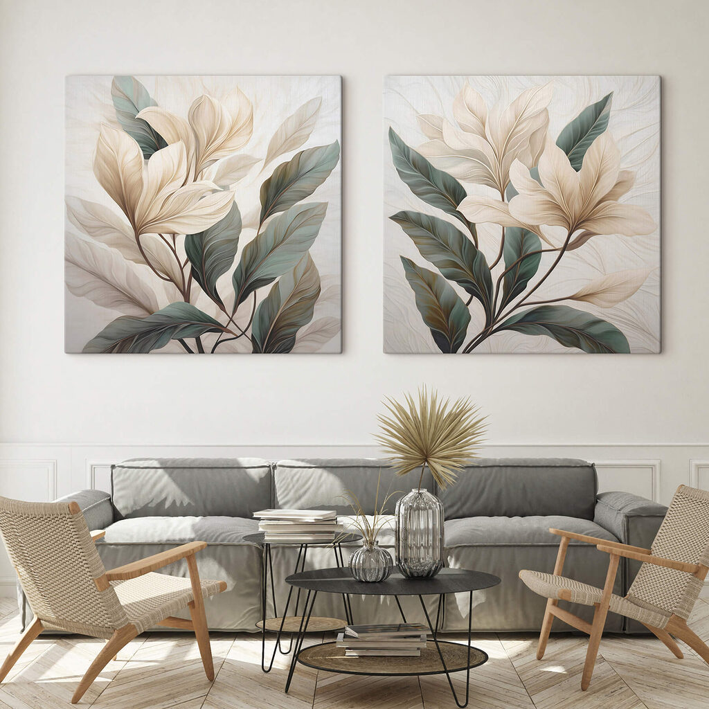 Schilderij van bladeren op een wit oppervlak — interieur 1