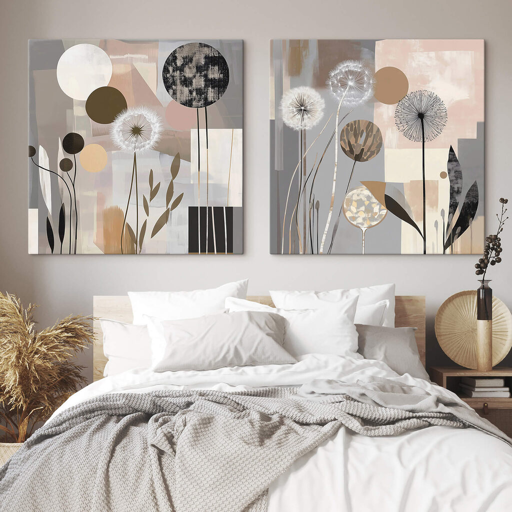 Twee schilderijen van paardenbloemen in een interieur