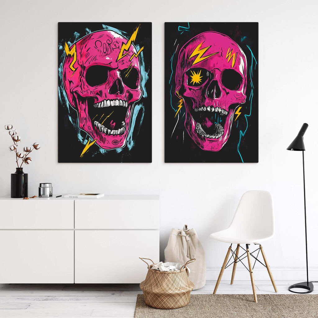 Collage van een roze schedel met bliksemschichten in een interieur