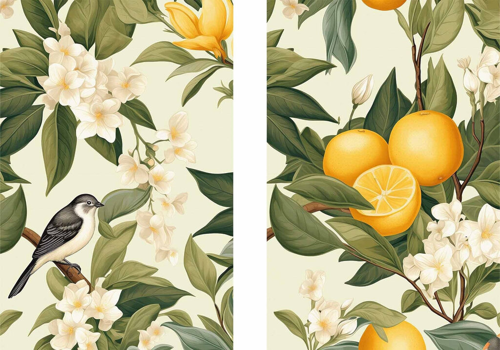 Twee afbeeldingen van sinaasappels en bloemen — volledig ontwerp