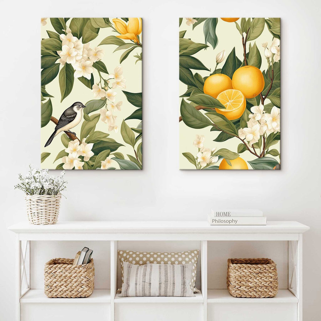Twee afbeeldingen van sinaasappels en bloemen — interieur 2