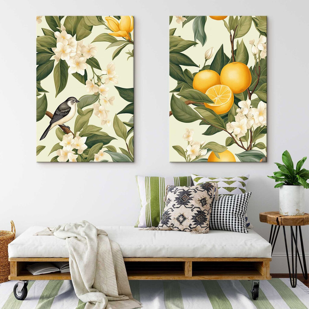Twee afbeeldingen van sinaasappels en bloemen — interieur 1