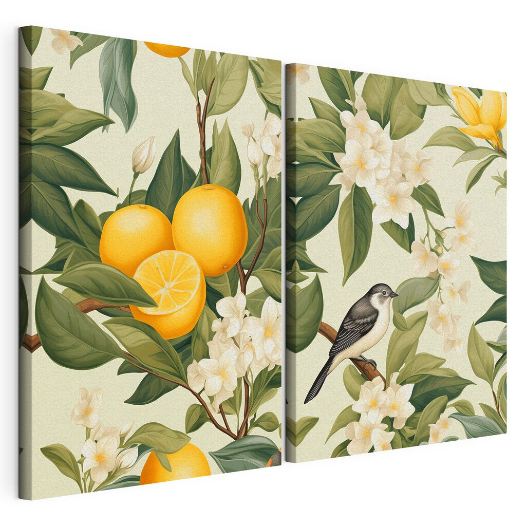 Twee afbeeldingen van sinaasappels en bloemen — productweergave