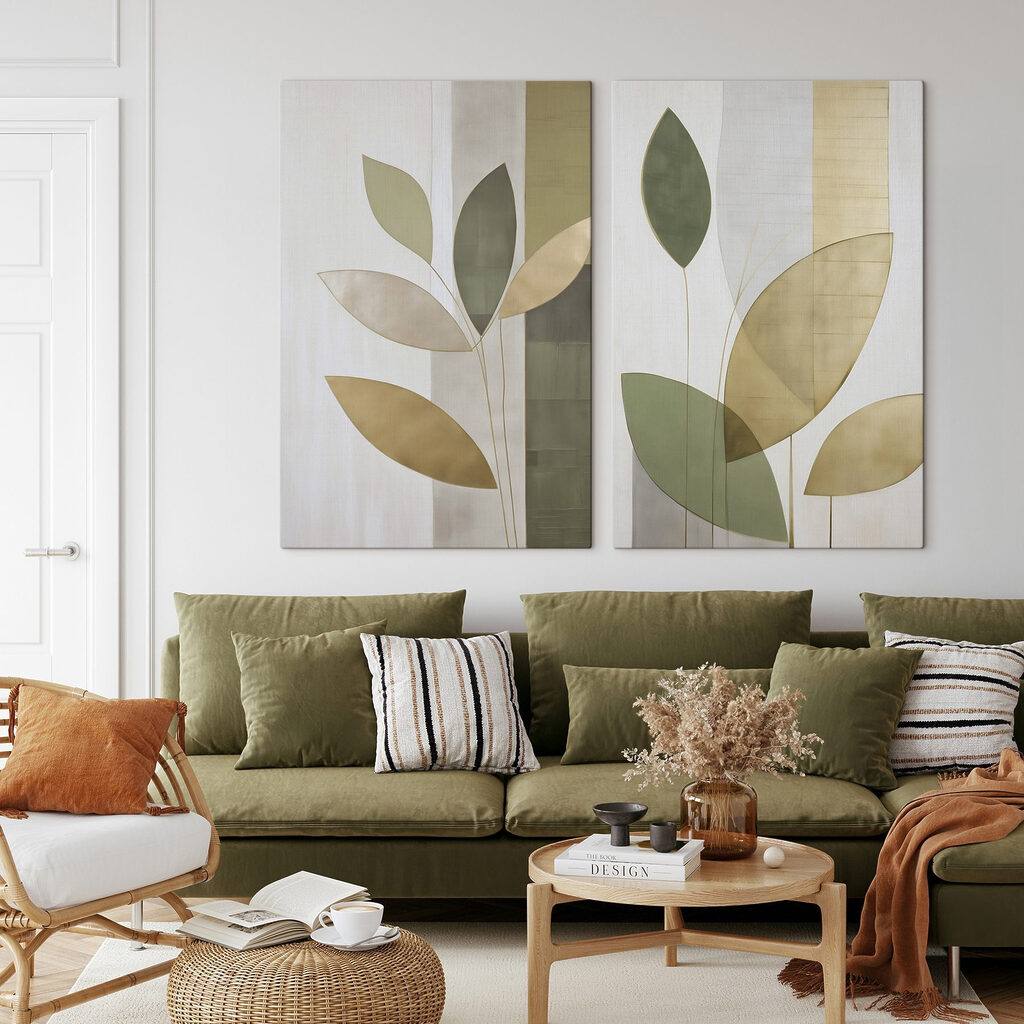 Collage van een schilderij met bladeren — interieur 1