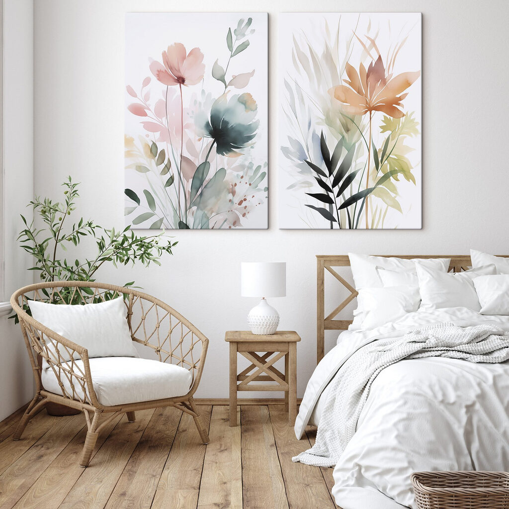 Schilderij van bloemen en bladeren in een interieur