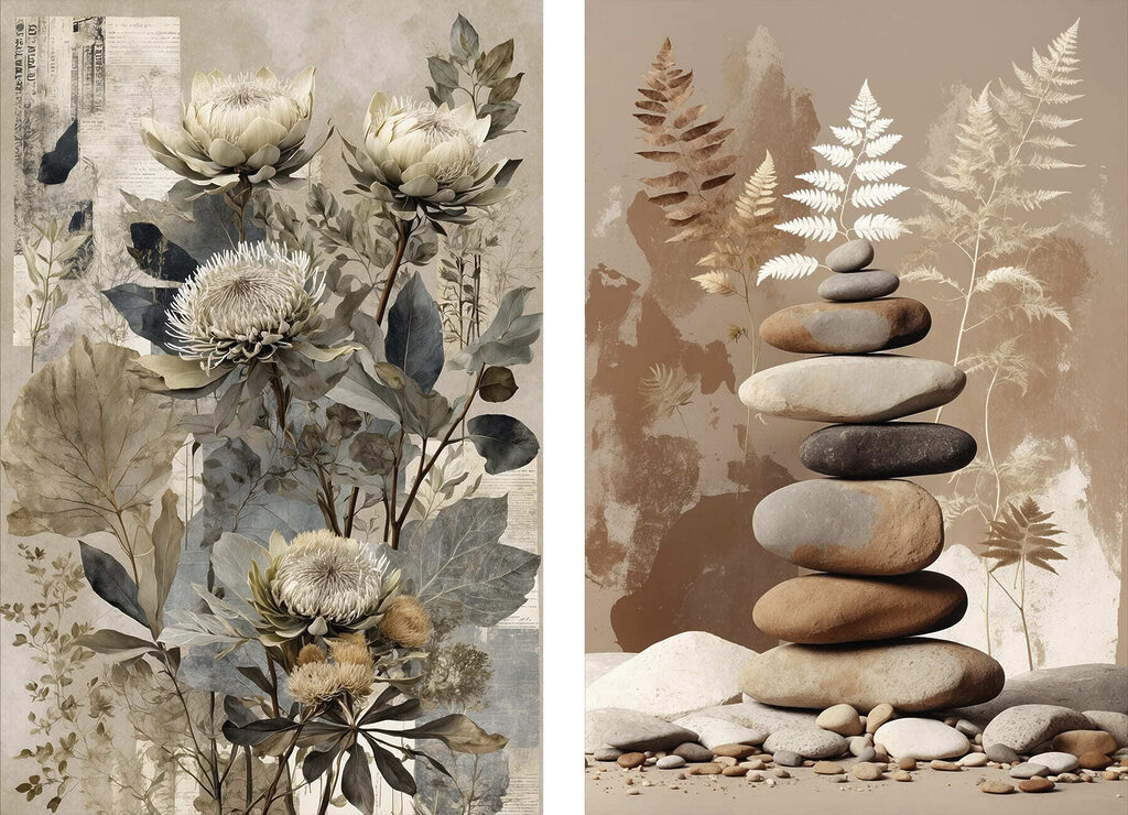 Collage van bloemen en stenen — volledig ontwerp