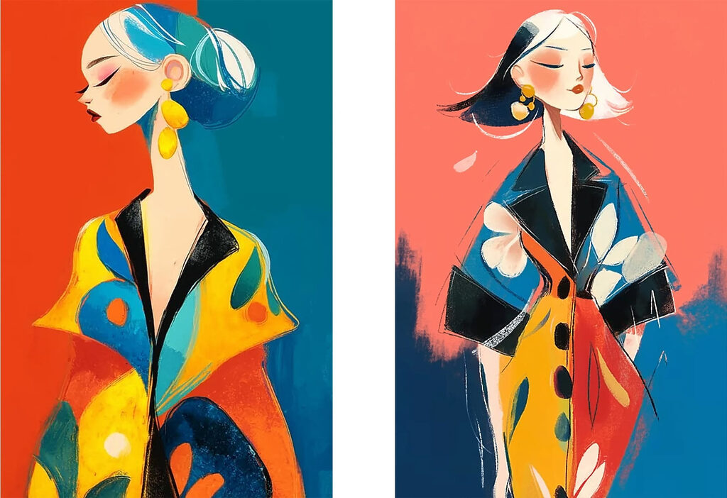 Collage van een vrouw in een kleurrijke jas — volledig ontwerp