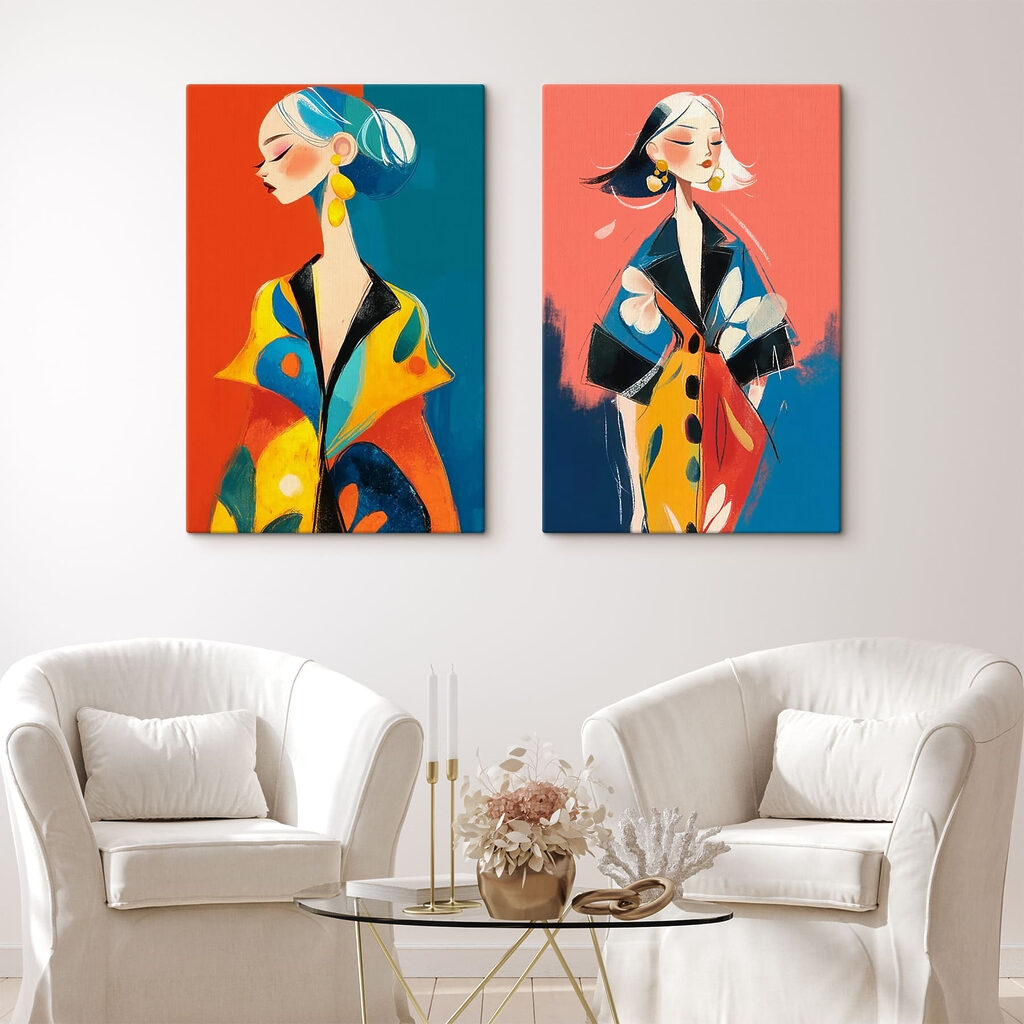 Collage van een vrouw in een kleurrijke jas — interieur 1