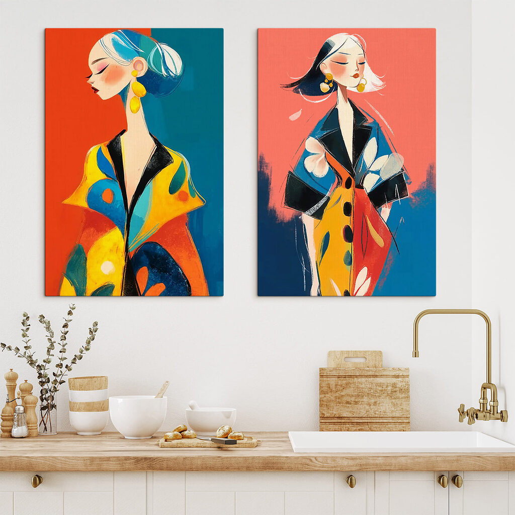 Collage van een vrouw in een kleurrijke jas — interieur 2