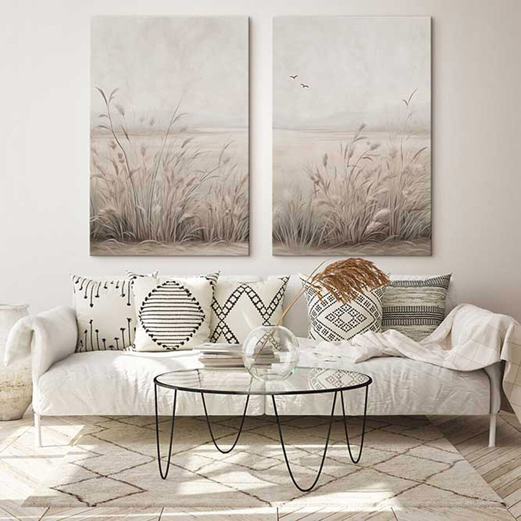 Schilderij van gras en vliegende vogels in een interieur