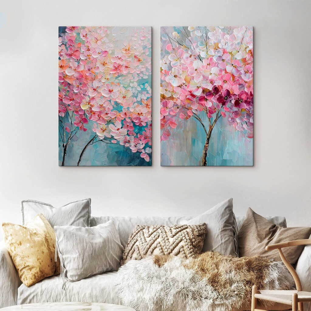 Schilderij van een boom met roze bloemen in een interieur