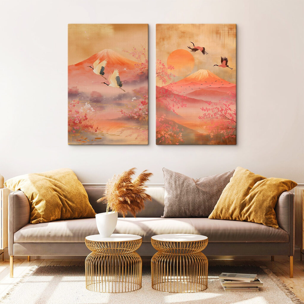 Twee afbeeldingen van een berg en een meer in een interieur