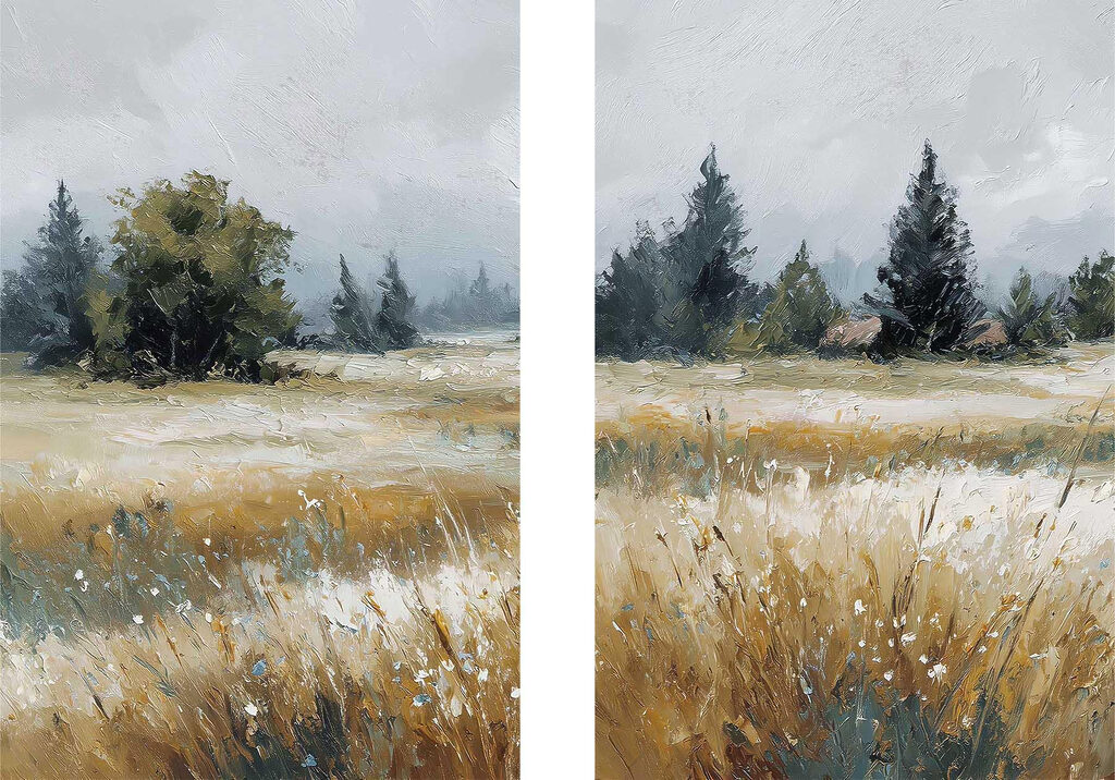 Schilderij van een veld met bomen — volledig ontwerp