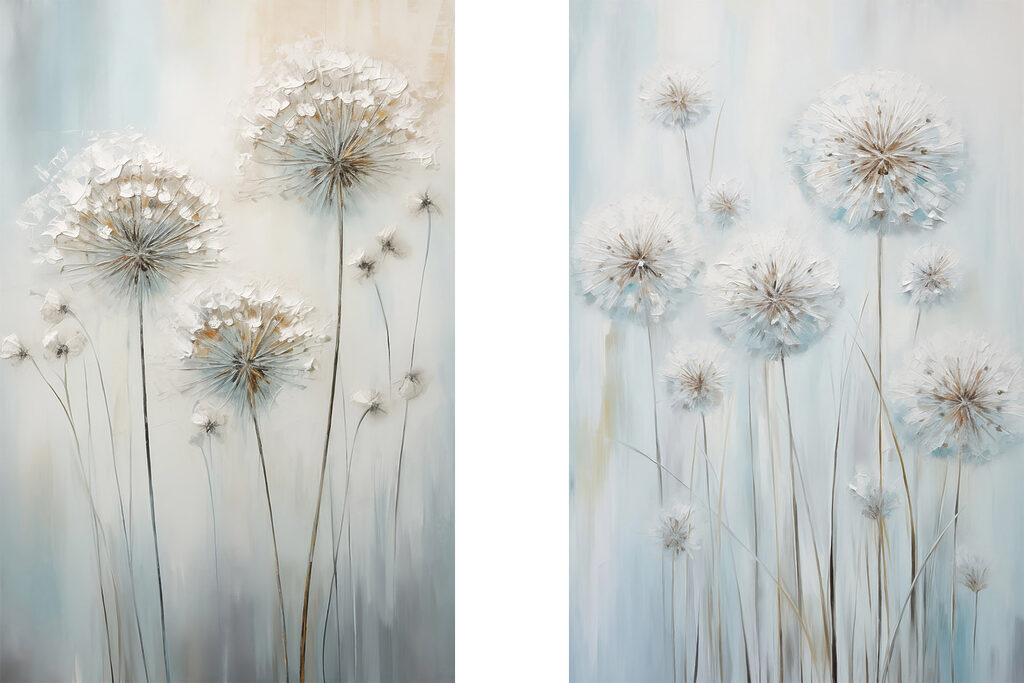 Schilderij van paardenbloemen op een blauwe achtergrond — volledig ontwerp