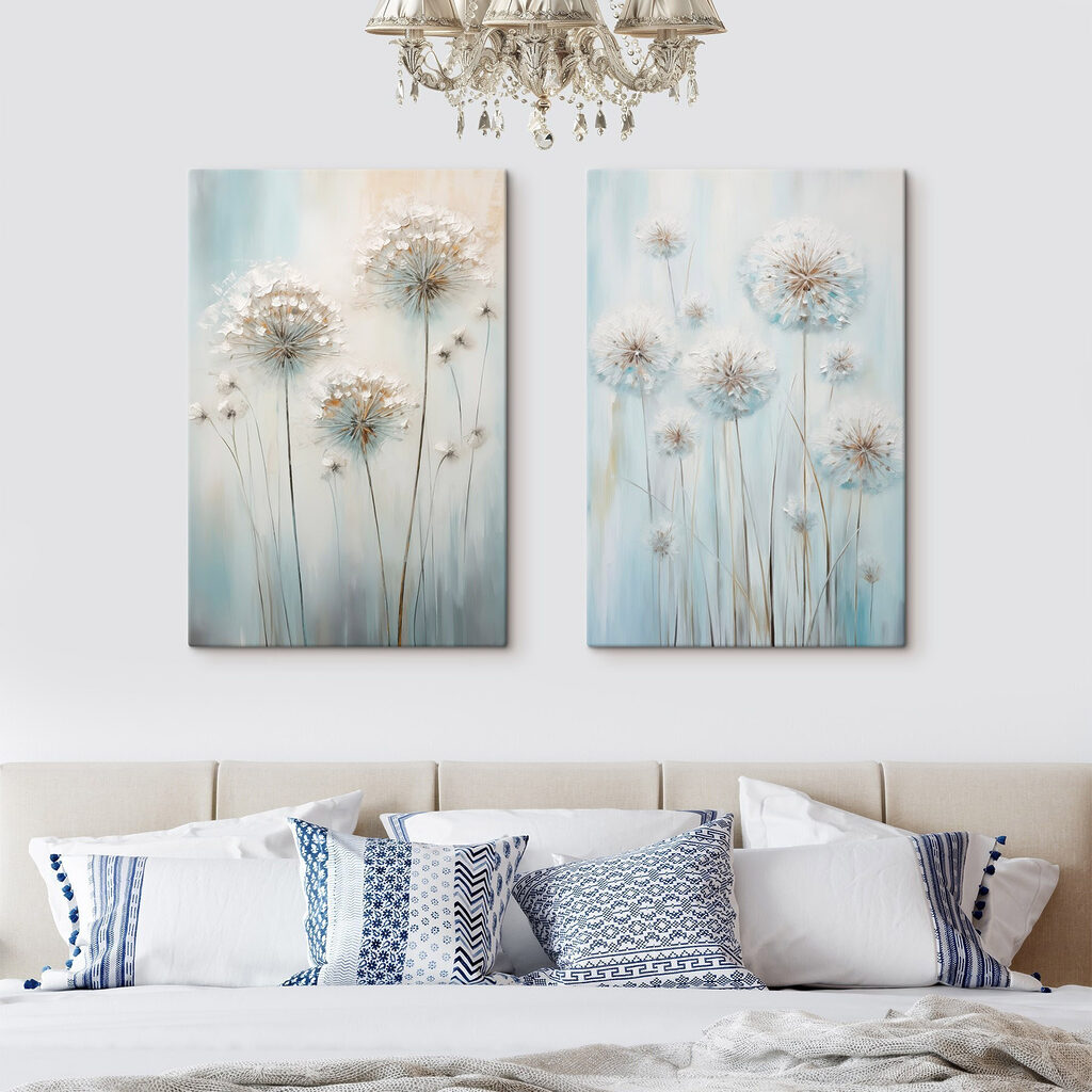 Schilderij van paardenbloemen op een blauwe achtergrond — interieur 1