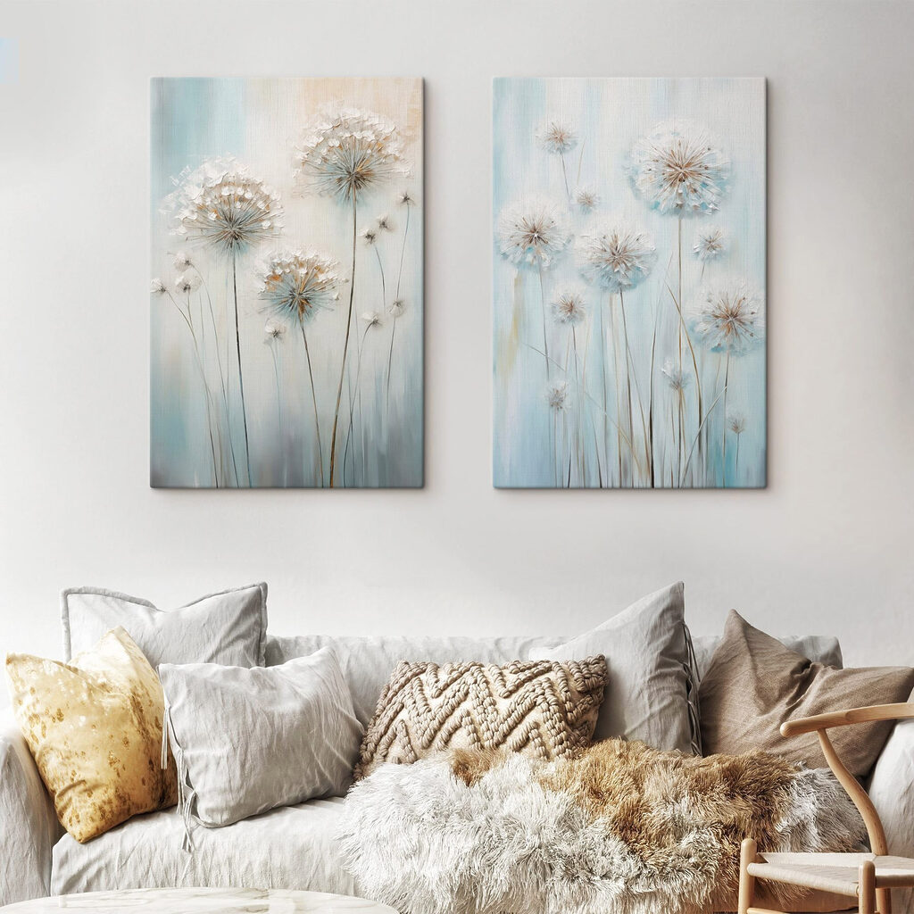 Schilderij van paardenbloemen op een blauwe achtergrond — interieur 2