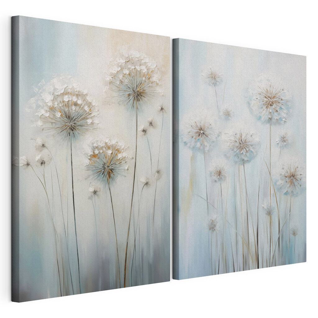 Schilderij van paardenbloemen op een blauwe achtergrond — productweergave