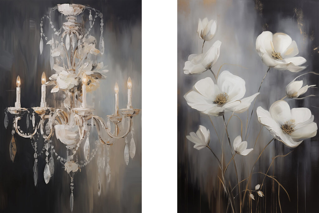 Schilderij van bloemen en een kroonluchter — volledig ontwerp