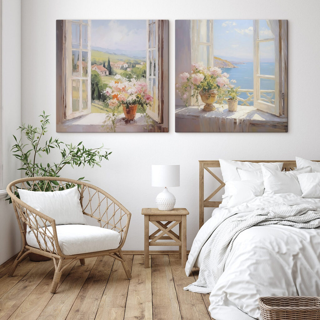 Schilderij van bloemen op een vensterbank in een interieur