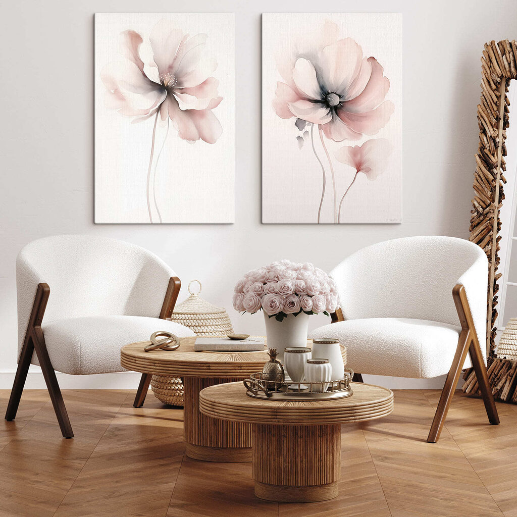 Schilderij van bloemen op een witte ondergrond in een interieur