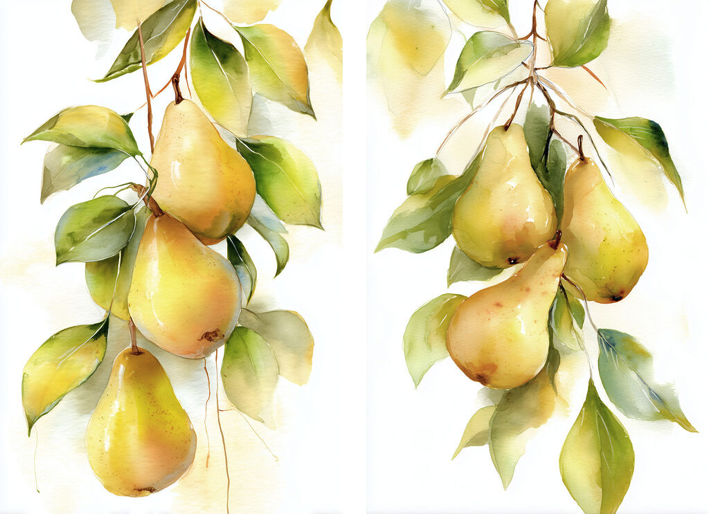 Aquarelschilderij van peren aan een tak — volledig ontwerp