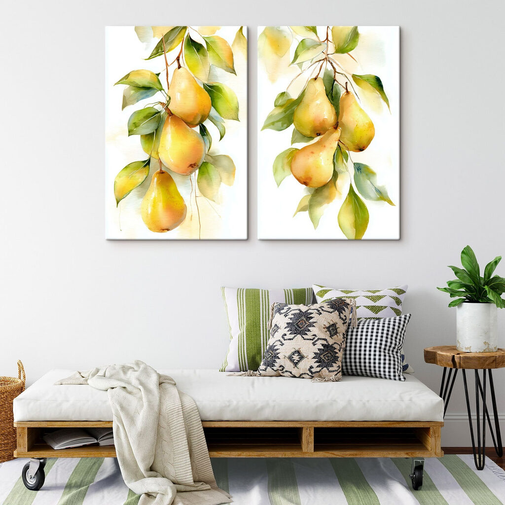 Aquarelschilderij van peren aan een tak in een interieur