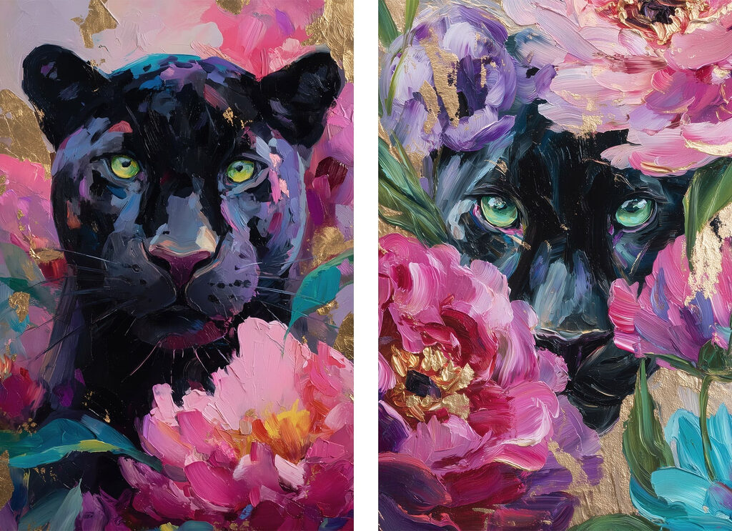 Schilderij van een panter en een panter met bloemen — volledig ontwerp