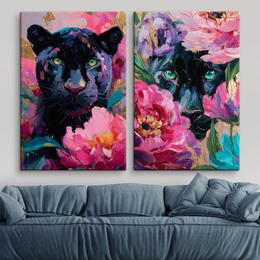 Schilderij van een panter en een panter met bloemen — interieur 1